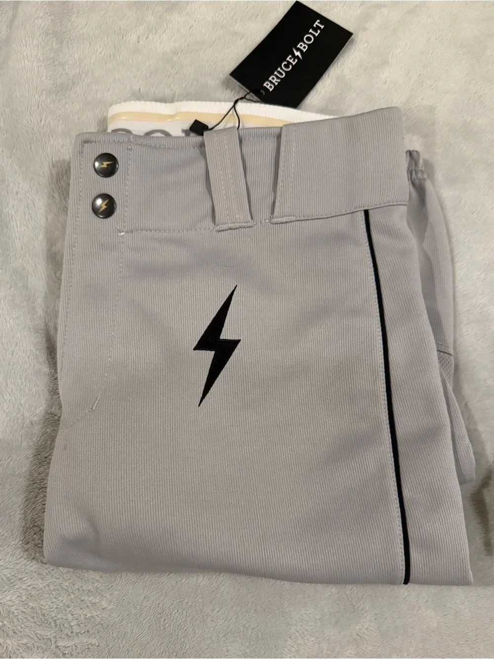 Bruce Bolt youth XL Light Gray Baseball Pants with Black Lightning Detail